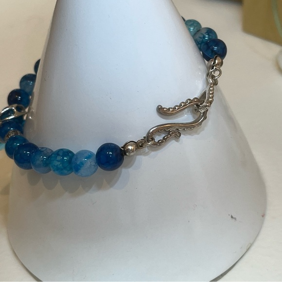 Blue Agate Gemstone Bracelet w/ Swarovski “Purse” Charm & Sterling Silver Clasp - Picture 11 of 12